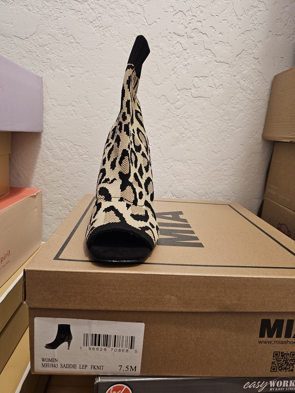MIA Leopard Knit Peep-Toe Sock Boot in Beige and Black